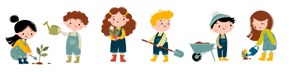 A set of flat vector illustrations. Cute children are gardening, planting flowers, and watering them. Spring illustrations on a white background. . Vector illustration