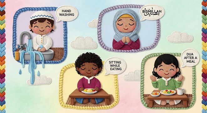 Cute knitted illustration of Islamic manners for kids: hand washing, Bismillah, sitting while eating, and dua after meals. Perfect for teaching Muslim children daily etiquette.