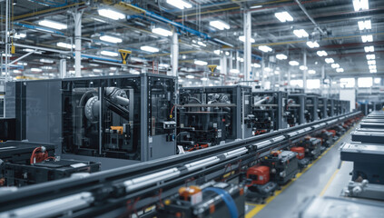 Fototapeta premium Industrial manufacturing line with automated machines and conveyor system in bright factory