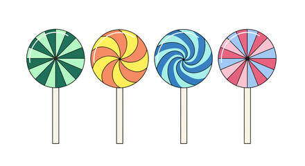 Four colorful lollipops with distinct swirl and radial patterns on sticks, featuring green, orange, yellow, blue, and pink hues against a white background.