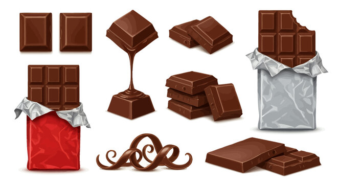 Various realistic chocolate forms including bars, squares, melted drips, and curls on a white background.