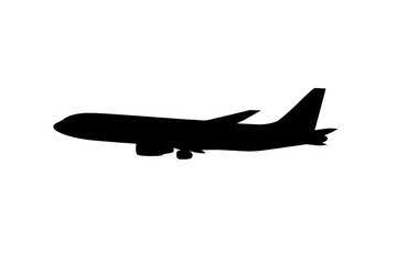 Airplane black silhouette flying, representing air travel, aviation, transportation, global journey, and business logistics