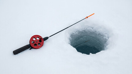 Ice Fishing Rod Beside Frozen Hole