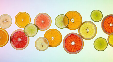 Floating sliced citrus fruits on pastel background, minimal style