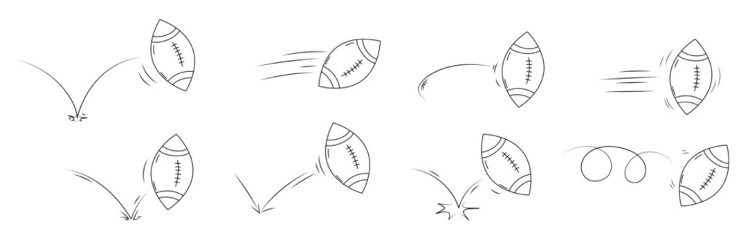 Rugby ball bounce and jump line set. Hand drawn sport movement with curved trajectories, rebound effects and sketchy motion lines. Doodle vector illustration for sport graphics and dynamic scenes.