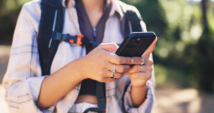 Hike, chat or hands in forest with phone, message alert or location share in summer hobby. Trekking, network or female person in nature with tech, notification check or journey update on social media