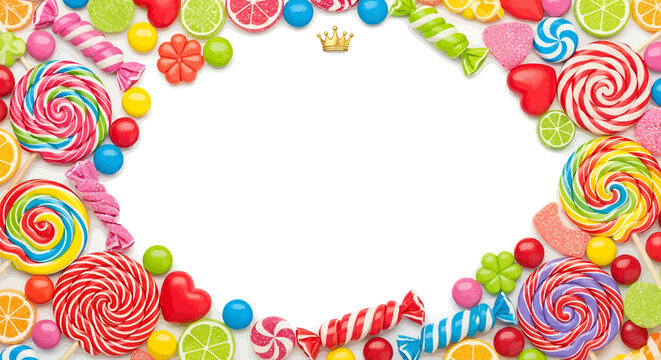 A vibrant and colorful assortment of candies and sweets arranged in a decorative border.