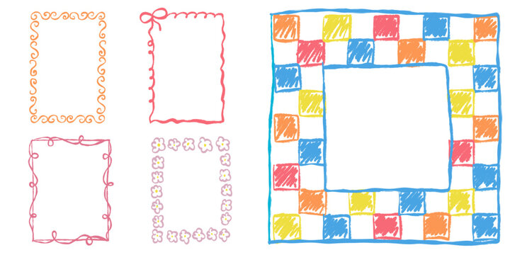 Cute crayon frame borders collection. Childish hand drawn squares and rectangles with rough pencil texture for kids design, school posters, birthday backgrounds and playful graphic illustrations.