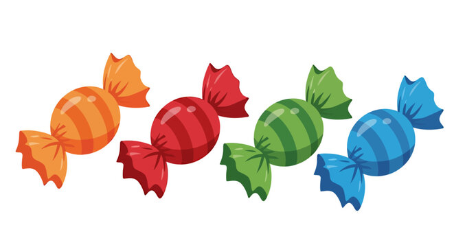 Four colorful candies wrapped in shiny paper, each with a different hue.