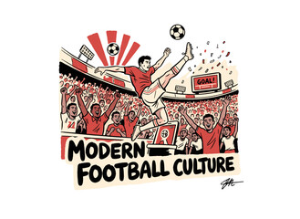 Soccer player scoring goal artwork. Football champion league graphic. Cheering fans in stadium design. Vintage sport culture illustration. Action desi © panji