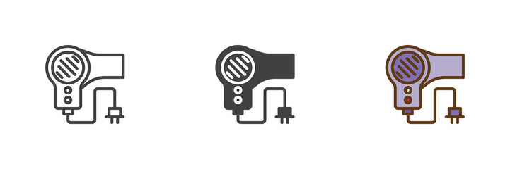 Hair dryer icon set in line, solid and filled outline colorful style. Hair dryer icon vector sign and symbol for beauty care, salon equipment, styling tools.