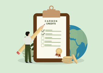 Carbon Credits Compliance Checklist. Verified climate action and sustainable finance. Carbon footprint concept. Climate change and carbon credits. Flat design. Vector illustration