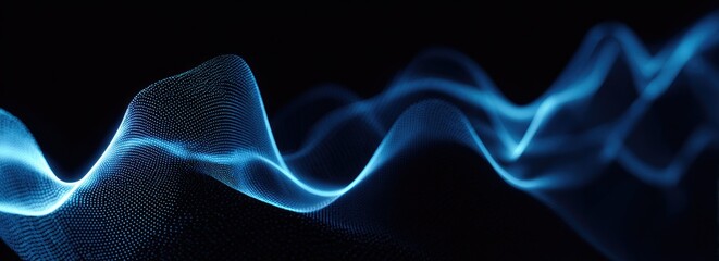 Glowing blue wavy lines on a black background, suggesting movement and energy. Abstract and futuristic