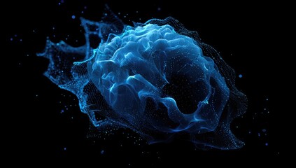 Digital rendering of a luminous, abstract cloud or cell structure against a black background