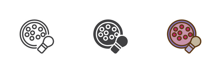 Makeup powder balls and brush icon set in line, solid and filled outline colorful style. Powder icon vector sign and symbol for beauty cosmetics and icon design.