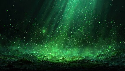 Glowing green underwater scene, with light rays piercing the depths, abstract and mysterious