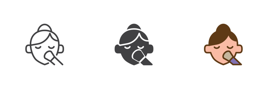 Woman doing makeup icon set with line, solid and filled outline colorful style. Woman icon vector sign and symbol for beauty routine and cosmetic icon themes.