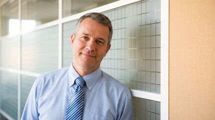 Fototapeta premium Mature businessman in light blue shirt and striped tie leans confidently near an office interior wall