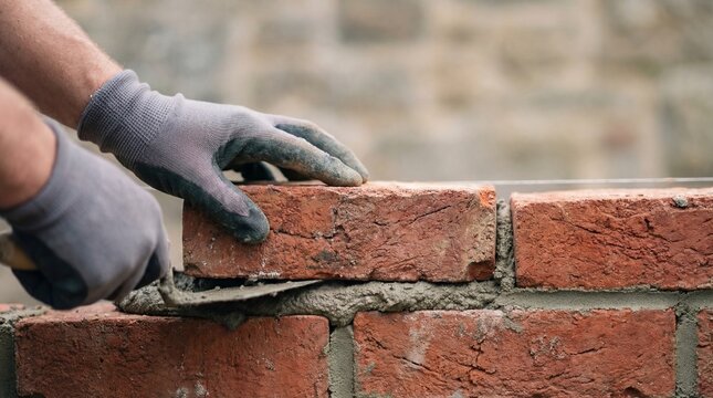 Skilled construction worker laying a red clay brick using mortar and trowel to build a masonry wall.