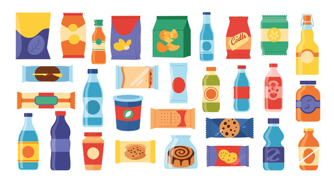 A vibrant collection of various packaged snacks and beverages, arranged in rows.