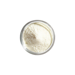 Overhead shot of white powder in a clear glass container, isolated
