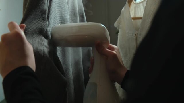 Hands using clothes steamer to freshen up garments.