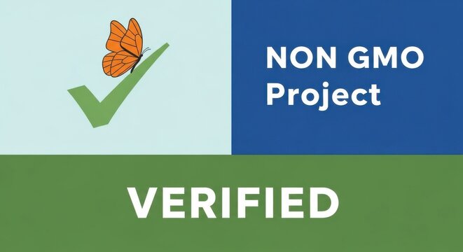 Non GMO Project Verified logo with orange butterfly and green checkmark