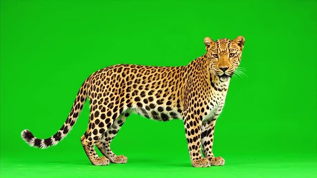 Majestic Leopard Standing and Looking Around on a Green Screen.