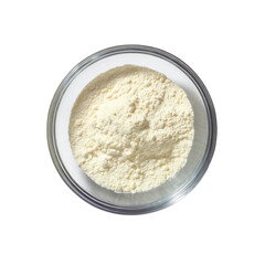 Powdered substance in a clear dish, top-down view, centered