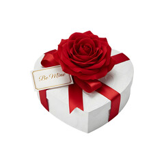 Romantic heart shaped gift box with red rose and Be Mine tag