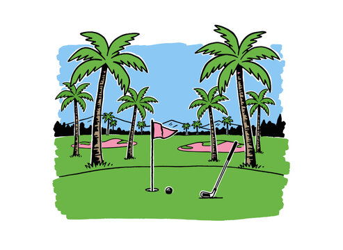 Tropical golf course resort artwork. Summer vacation sports design. Palm trees golf club illustration. Vintage resort graphic print. Hole in one parad
