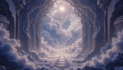 Ethereal gateway to heaven with clouds and radiant light