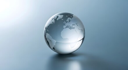 Fototapeta premium Clear glass globe reflecting light on a smooth, gradient blue surface, symbolizing global connection.