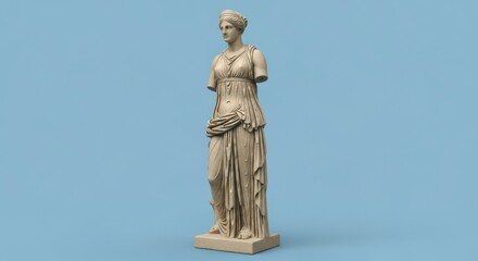 Obraz premium Ancient Greek Female Statue with Draped Garment on Blue Background