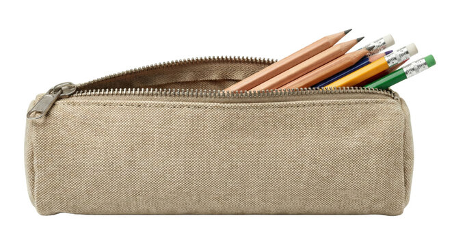 Open canvas pencil case filled with wooden pencils