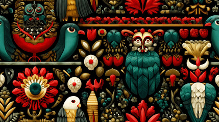 Fototapeta premium Tribal animal pattern folk art bird ornate floral geometric motif colorful abstract seamless repeat carved wood style vintage textile boho ornamental dark background evokes wonder and warmth