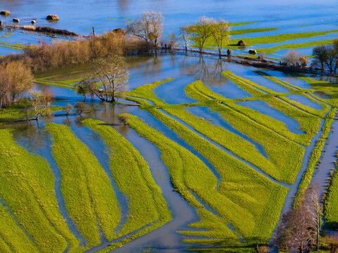 Aerial shot of the flooded Meadows in Salisbury after Storm Chandra