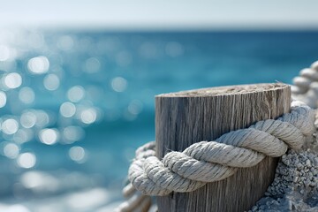 Close-up of nautical rope and post with sparkling ocean background © Aleksandr