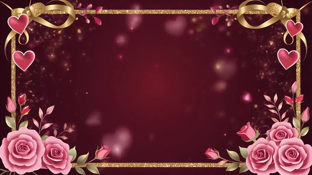 Elegant Valentine's Day frame with roses and hearts on red background