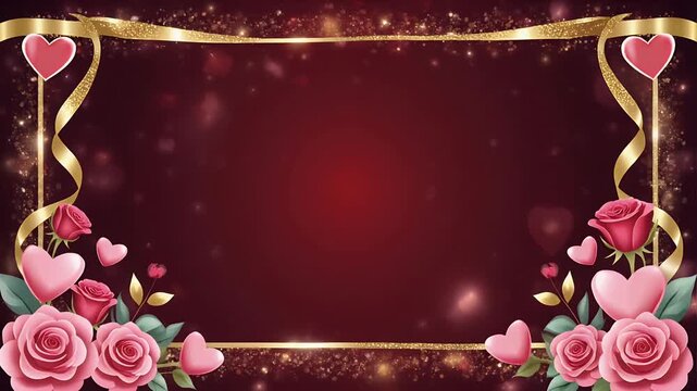 Elegant gold ribbon frame with roses on luxurious red background