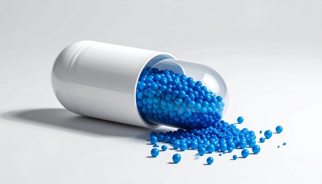 Opened capsule pill with white and transparent halves spilling blue granules onto clean surface.