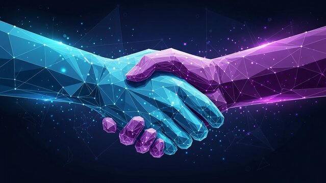 Handshake of two hands in blue and purple hues with geometric shapes and lines on a dark background with stars