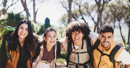 Portrait, hiking and happy people in forest, fitness and hobby for health benefits. Friends, men and women in woods, training and embrace for support, motivation and wellness with journey and explore