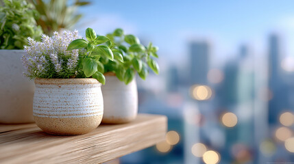 Obraz premium Tiered wooden shelves on a terrace holding herb pots with cityscape in background
