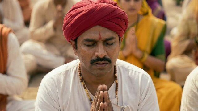 A devotee offers prayers with folded hands, expressing humility, devotion, and reverent focus.