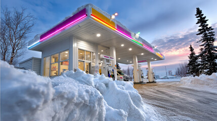 Fototapeta premium Snow-laden gas station at night with pumps and canopy illuminated in winter twilight