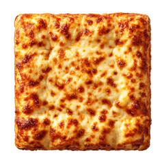 Square pizza slice with melted cheese, golden brown crust, top down view