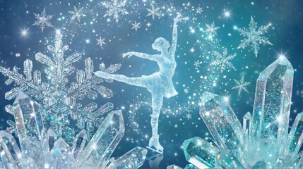 Obraz premium Figurative ice skater woman concept with snowflake and crystal, winter sport and artistic dance visualization for Christmas card