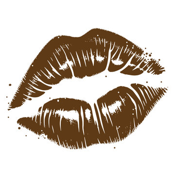 Vintage Grunge texture Brown lipstick kiss mark with white background  a brown lip print with smudge marks