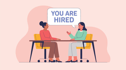 Fototapeta premium job interview hiring illustration with employer telling you are hired to candidate at office desk showing recruitment success employment agreement and career opportunity concept isolated background 